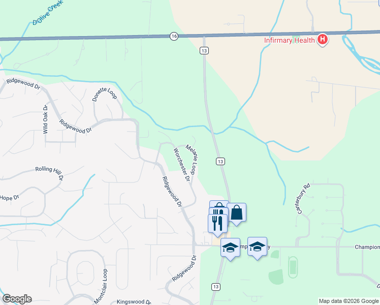 map of restaurants, bars, coffee shops, grocery stores, and more near 112 Melanie Loop in Daphne