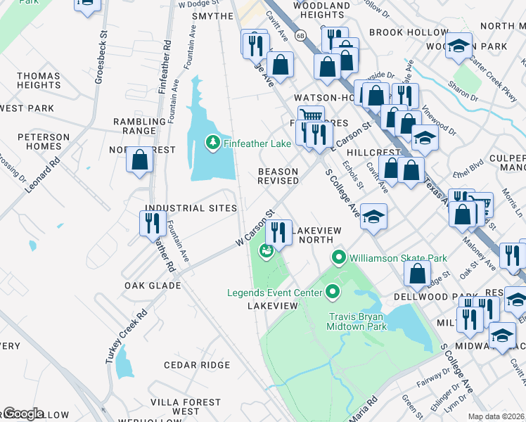 map of restaurants, bars, coffee shops, grocery stores, and more near 511 West Carson Street in Bryan
