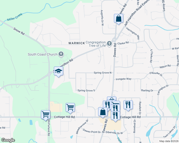 map of restaurants, bars, coffee shops, grocery stores, and more near 8915 Spring Grove North in Mobile