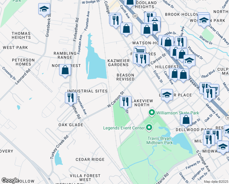 map of restaurants, bars, coffee shops, grocery stores, and more near 526 West Carson Street in Bryan