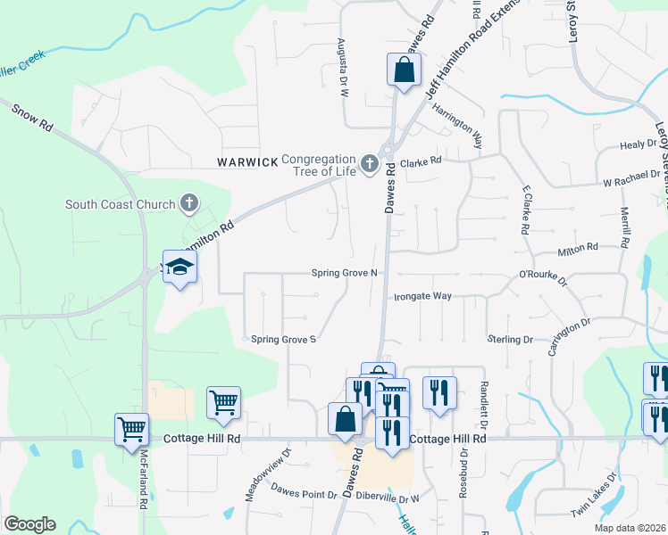 map of restaurants, bars, coffee shops, grocery stores, and more near 8836 Spring Grove North in Mobile