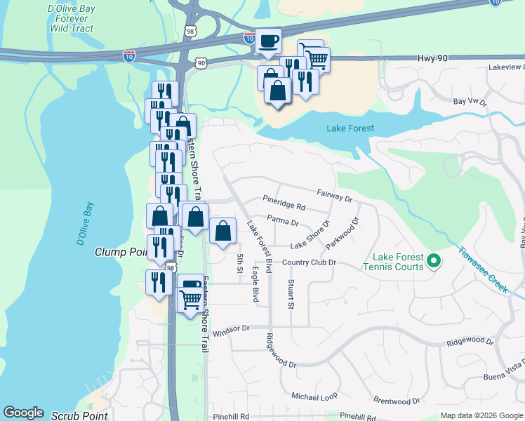 map of restaurants, bars, coffee shops, grocery stores, and more near 100 Tower Drive in Daphne