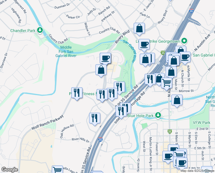 map of restaurants, bars, coffee shops, grocery stores, and more near 1400 Rivery Boulevard in Georgetown