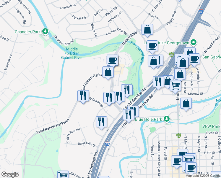 map of restaurants, bars, coffee shops, grocery stores, and more near 1220 Rivery Boulevard in Georgetown