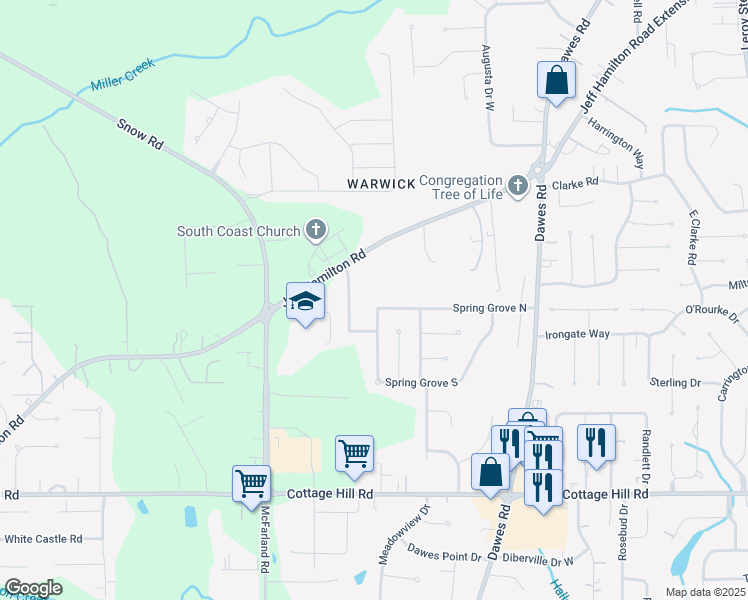 map of restaurants, bars, coffee shops, grocery stores, and more near 9000 Spring Grove North in Mobile