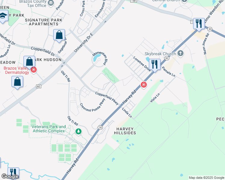 map of restaurants, bars, coffee shops, grocery stores, and more near 1620 Copperfield Parkway in College Station