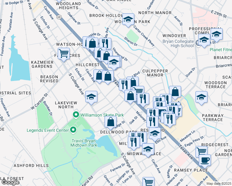 map of restaurants, bars, coffee shops, grocery stores, and more near 2504 Maloney Avenue in Bryan