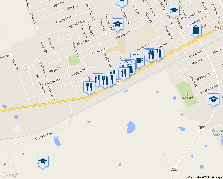 map of restaurants, bars, coffee shops, grocery stores, and more near 1521 West Cameron Avenue in Rockdale