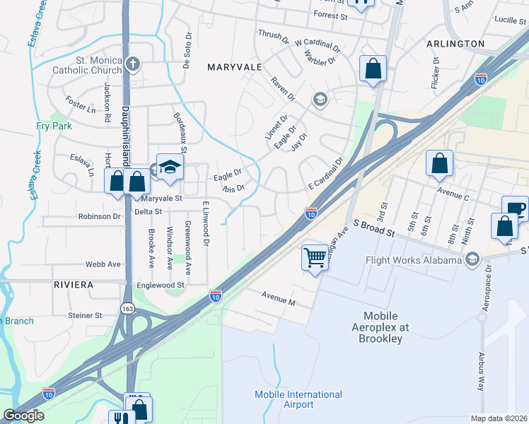 map of restaurants, bars, coffee shops, grocery stores, and more near 1303 East Gulf Field Drive in Mobile