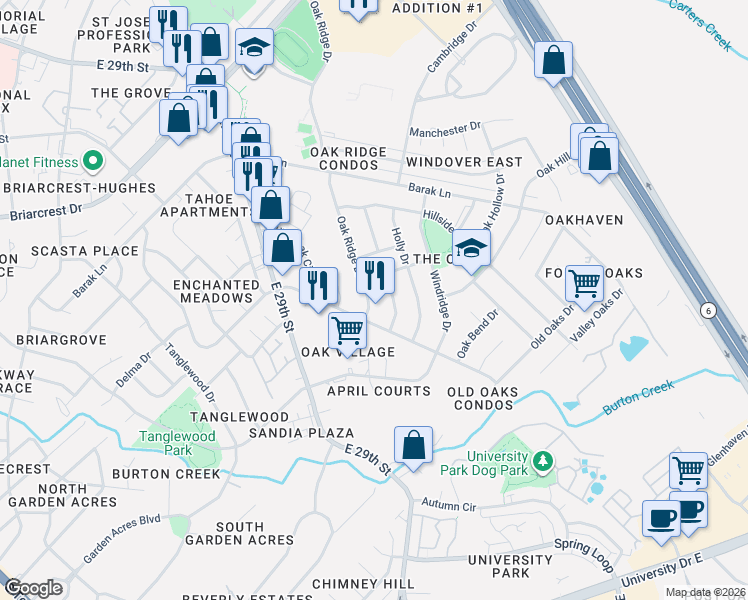 map of restaurants, bars, coffee shops, grocery stores, and more near 3801 Oak Ridge Drive in Bryan