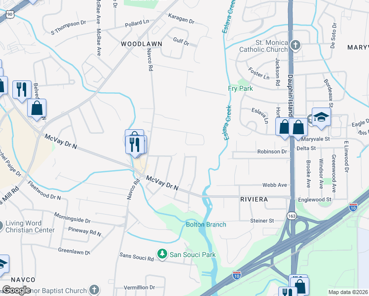 map of restaurants, bars, coffee shops, grocery stores, and more near 1205 Buena Drive in Mobile