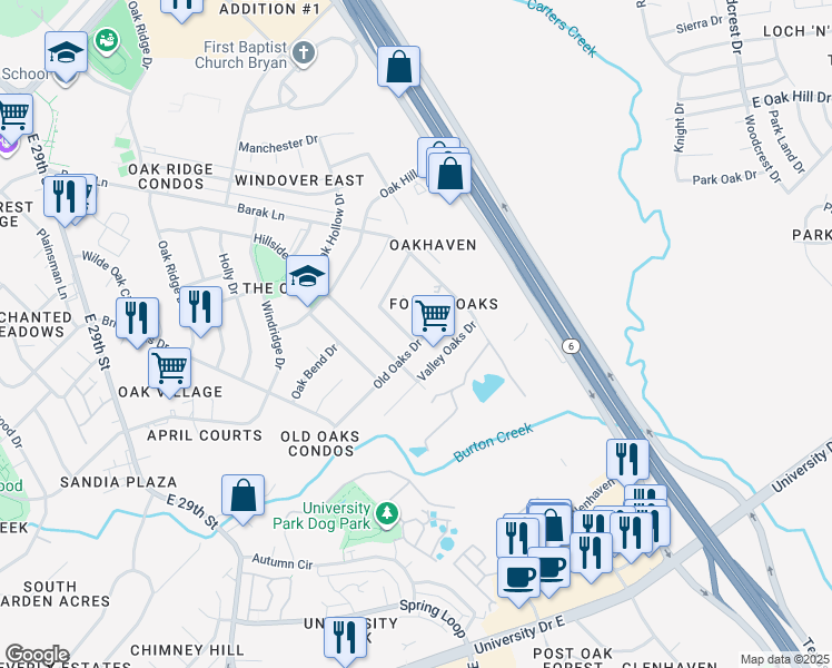 map of restaurants, bars, coffee shops, grocery stores, and more near 2911 River Oaks Circle in Bryan