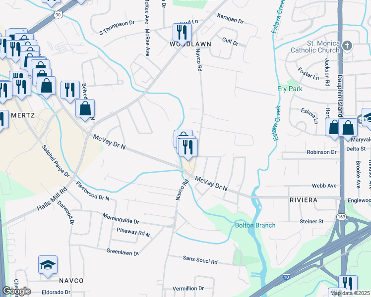 map of restaurants, bars, coffee shops, grocery stores, and more near 1210 Navco Road in Mobile