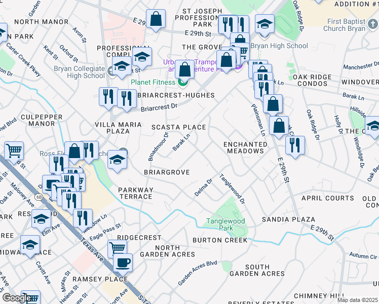 map of restaurants, bars, coffee shops, grocery stores, and more near 1322 Barak Lane in Bryan