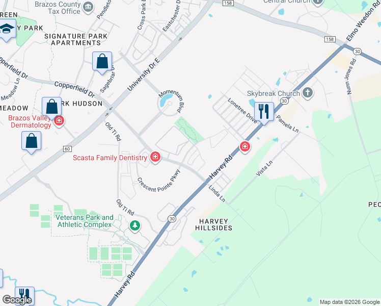 map of restaurants, bars, coffee shops, grocery stores, and more near 1400 Crescent Ridge Drive in College Station