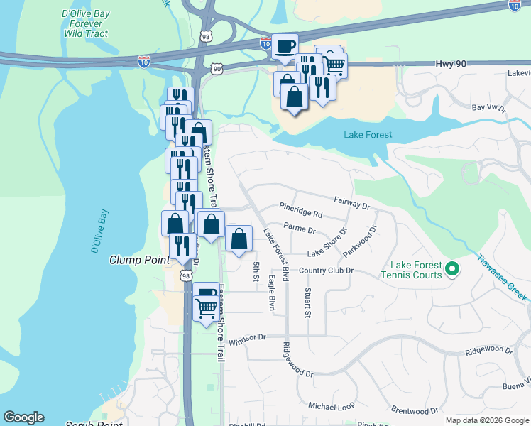 map of restaurants, bars, coffee shops, grocery stores, and more near 110 Pineridge Road in Daphne
