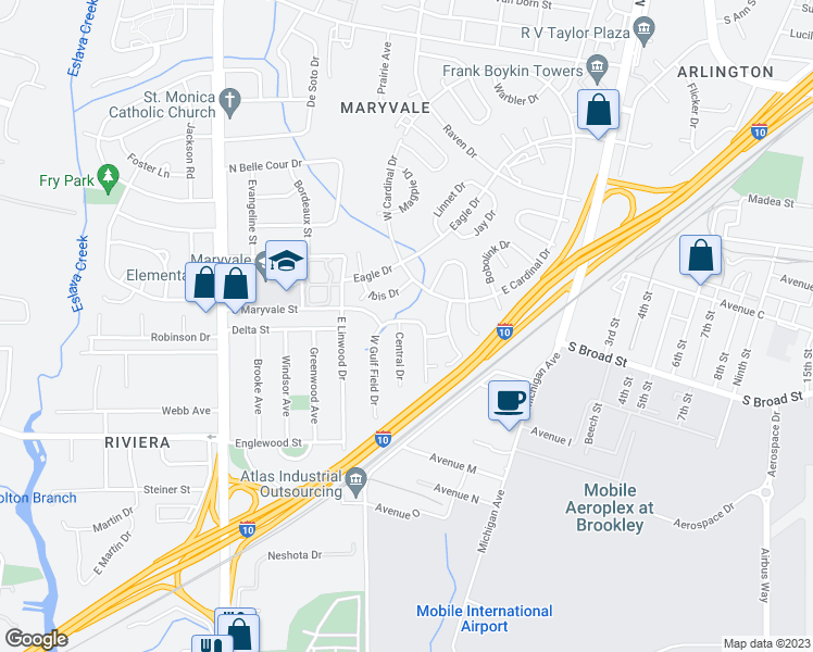 map of restaurants, bars, coffee shops, grocery stores, and more near 1701 North Gulf Field Drive in Mobile