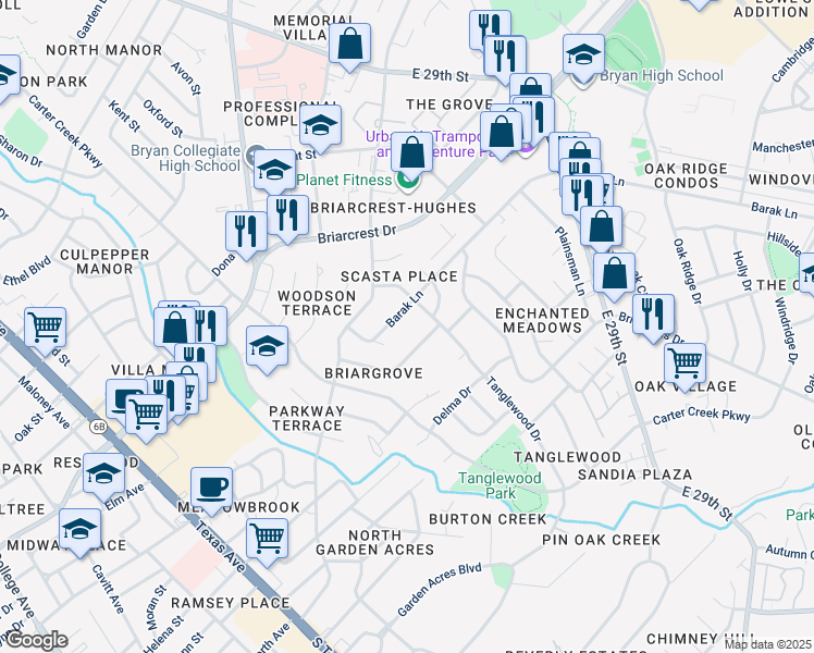 map of restaurants, bars, coffee shops, grocery stores, and more near 1322 Barak Lane in Bryan