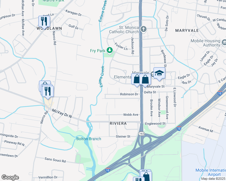 map of restaurants, bars, coffee shops, grocery stores, and more near 2160 Robinson Drive in Mobile