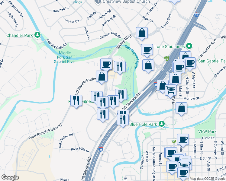 map of restaurants, bars, coffee shops, grocery stores, and more near 1400 Rivery Boulevard in Georgetown