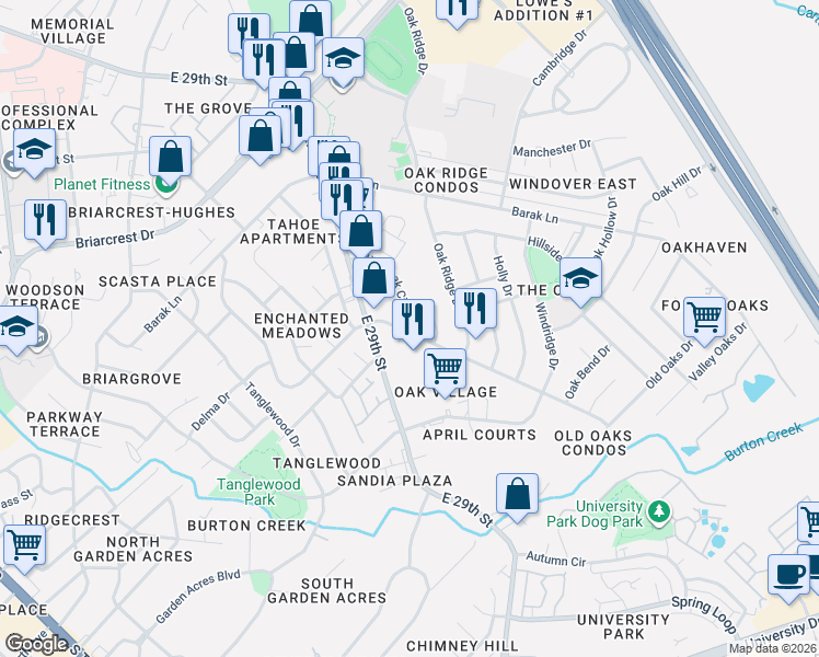 map of restaurants, bars, coffee shops, grocery stores, and more near 1803 Briar Oaks Drive in Bryan