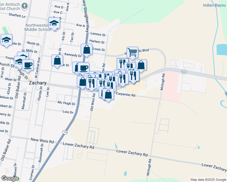 map of restaurants, bars, coffee shops, grocery stores, and more near 5545 Main Street in Zachary