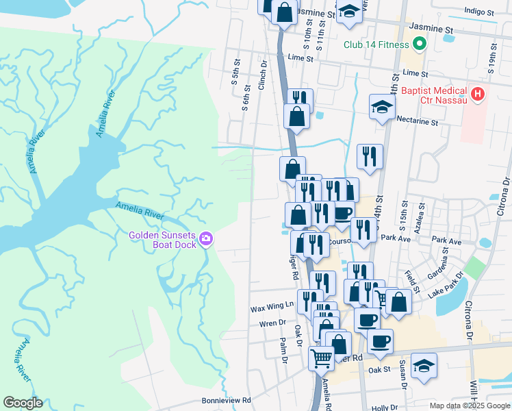map of restaurants, bars, coffee shops, grocery stores, and more near 1680 Clinch Drive in Fernandina Beach