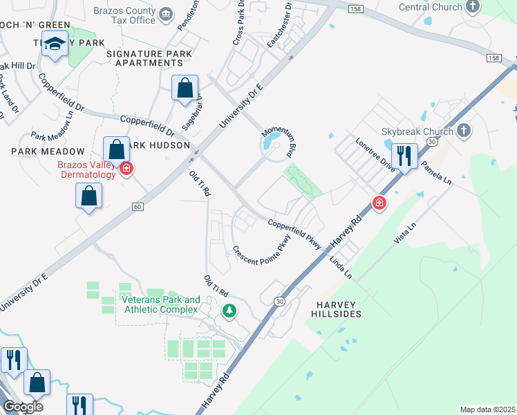 map of restaurants, bars, coffee shops, grocery stores, and more near 1501 Copperfield Parkway in College Station