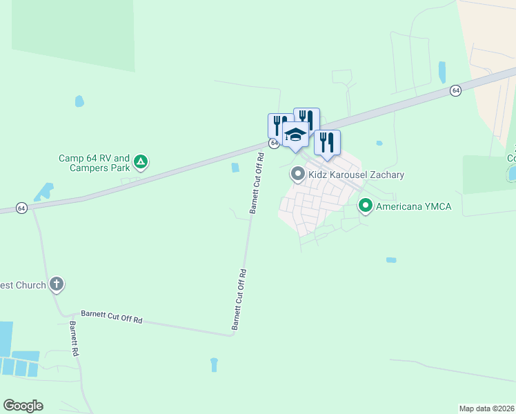 map of restaurants, bars, coffee shops, grocery stores, and more near 19715 Barnett Cut Off Road in Zachary