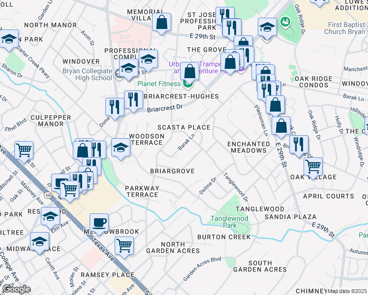 map of restaurants, bars, coffee shops, grocery stores, and more near 1322 Barak Lane in Bryan