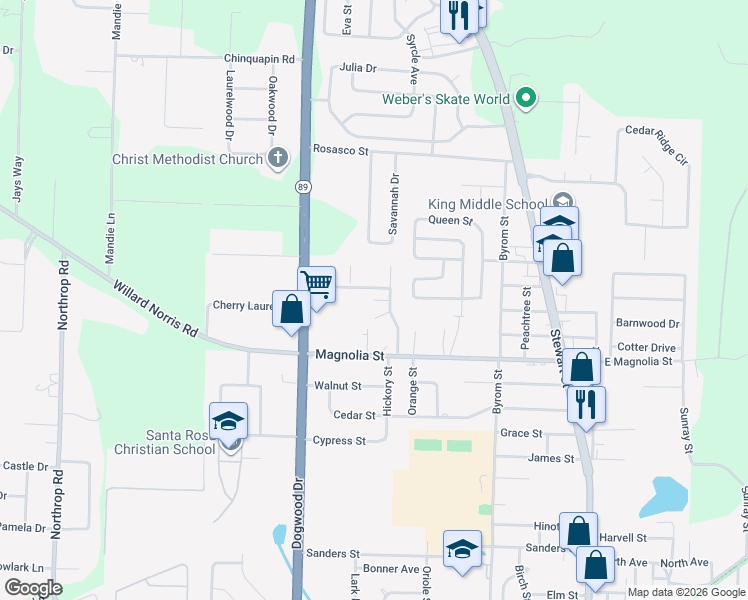 map of restaurants, bars, coffee shops, grocery stores, and more near Flora Court in Milton