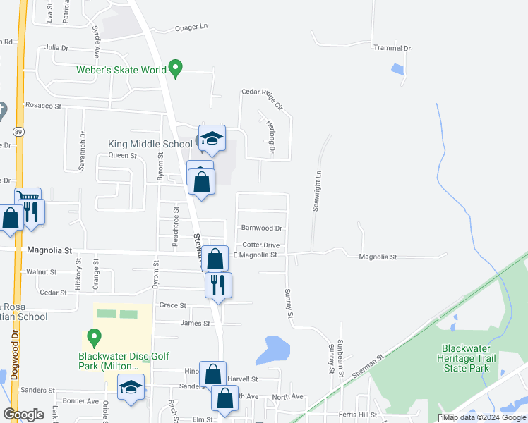 map of restaurants, bars, coffee shops, grocery stores, and more near 6753 Weathered Drive in Milton