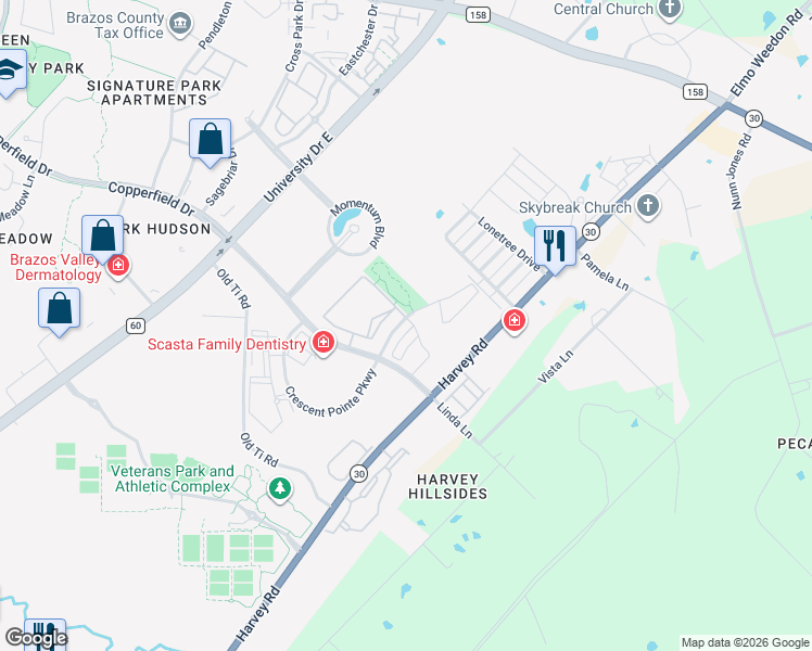 map of restaurants, bars, coffee shops, grocery stores, and more near 1400 Crescent Ridge Drive in College Station