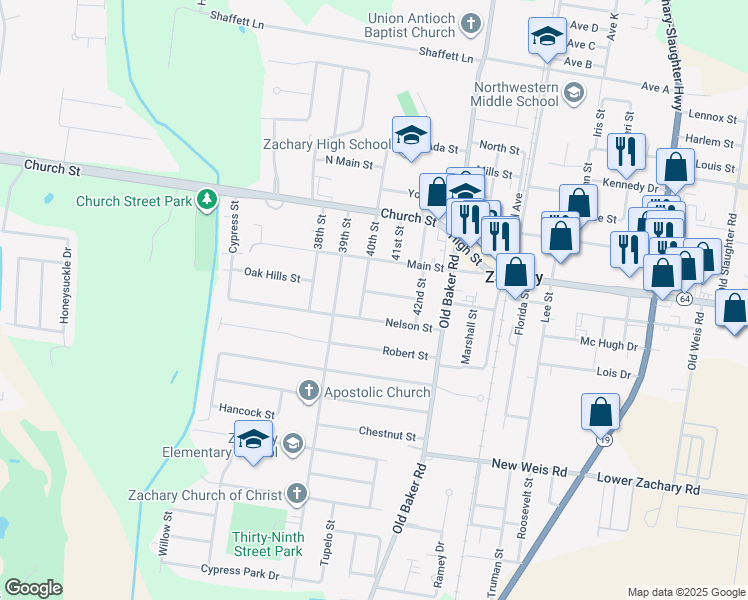 map of restaurants, bars, coffee shops, grocery stores, and more near 4034 Bennett Street in Zachary
