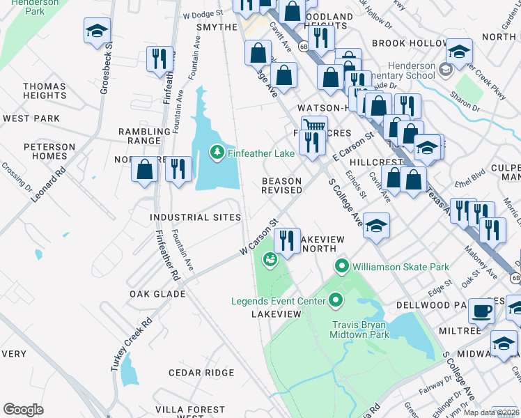 map of restaurants, bars, coffee shops, grocery stores, and more near 505 West Duncan Street in Bryan