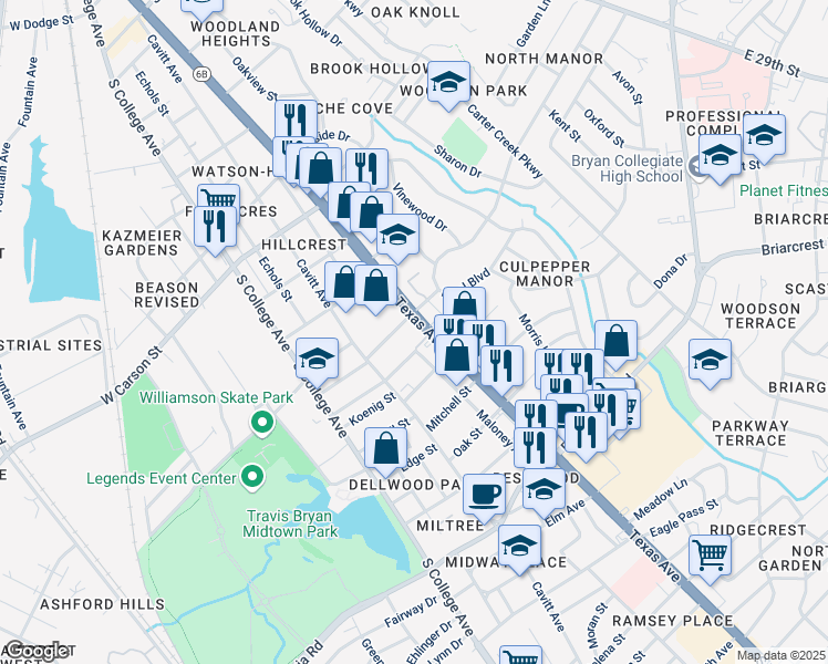 map of restaurants, bars, coffee shops, grocery stores, and more near 2300 South Texas Avenue in Bryan