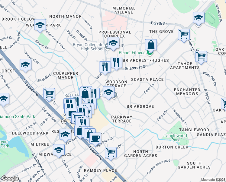 map of restaurants, bars, coffee shops, grocery stores, and more near 1106 Lamar Drive in Bryan
