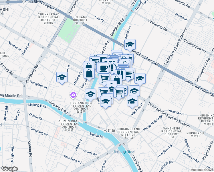 map of restaurants, bars, coffee shops, grocery stores, and more near Dong Da Jie Zhi Quan Duan in Chengdu Shi