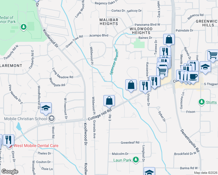 map of restaurants, bars, coffee shops, grocery stores, and more near 5601 Bentley Court in Mobile