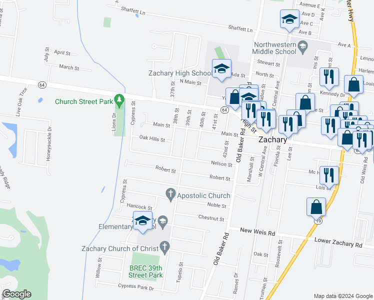 map of restaurants, bars, coffee shops, grocery stores, and more near 4332 39th Street in Zachary