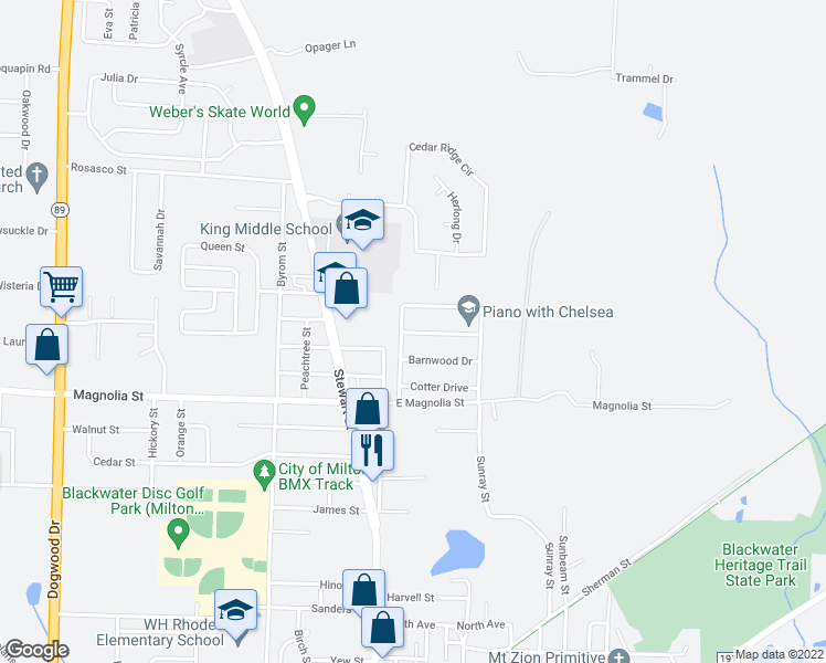 map of restaurants, bars, coffee shops, grocery stores, and more near 6722 Weathered Drive in Milton