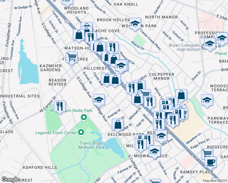 map of restaurants, bars, coffee shops, grocery stores, and more near 2104 Texas Avenue in Bryan