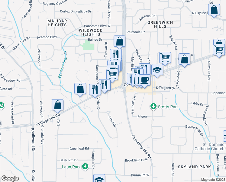 map of restaurants, bars, coffee shops, grocery stores, and more near 5221 Cottage Hill Road in Mobile