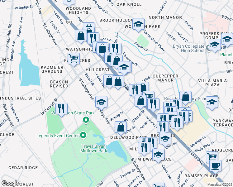 map of restaurants, bars, coffee shops, grocery stores, and more near 2104 Texas Avenue in Bryan