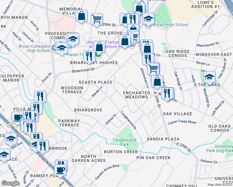 map of restaurants, bars, coffee shops, grocery stores, and more near 3701 Stillmeadow Drive in Bryan