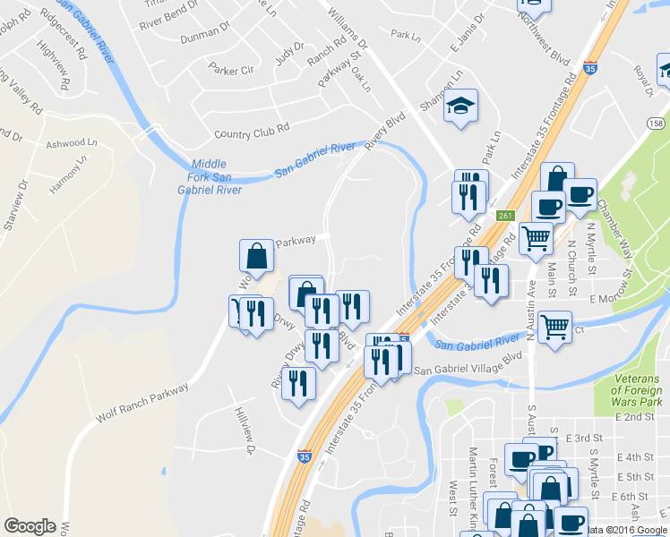 map of restaurants, bars, coffee shops, grocery stores, and more near 1323 Rivery Boulevard in Georgetown