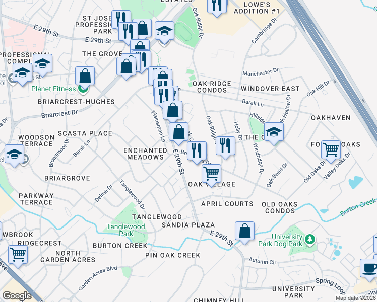 map of restaurants, bars, coffee shops, grocery stores, and more near 1803 Briar Oaks Drive in Bryan