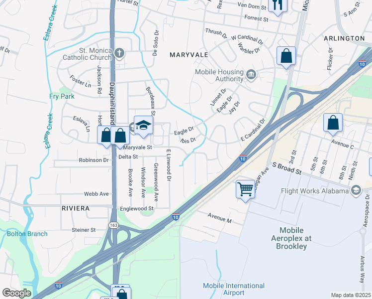 map of restaurants, bars, coffee shops, grocery stores, and more near 1752 South Maryvale Street in Mobile