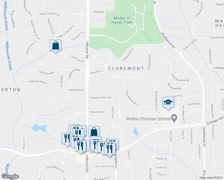 map of restaurants, bars, coffee shops, grocery stores, and more near 2021 Oakchase Court in Mobile