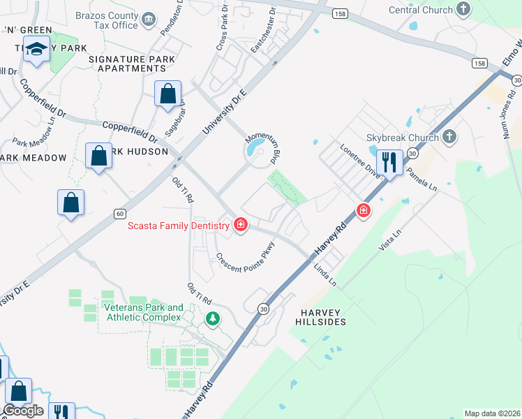map of restaurants, bars, coffee shops, grocery stores, and more near 1501 Copperfield Parkway in College Station